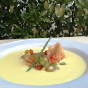 fondente di cacio sardo con ortaggi estivi e olio di mirto